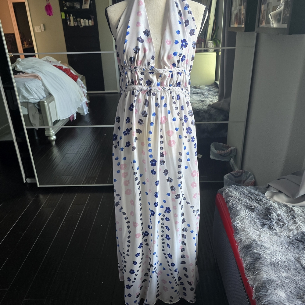 Aqua Floral Halter Dress with Blue Accents